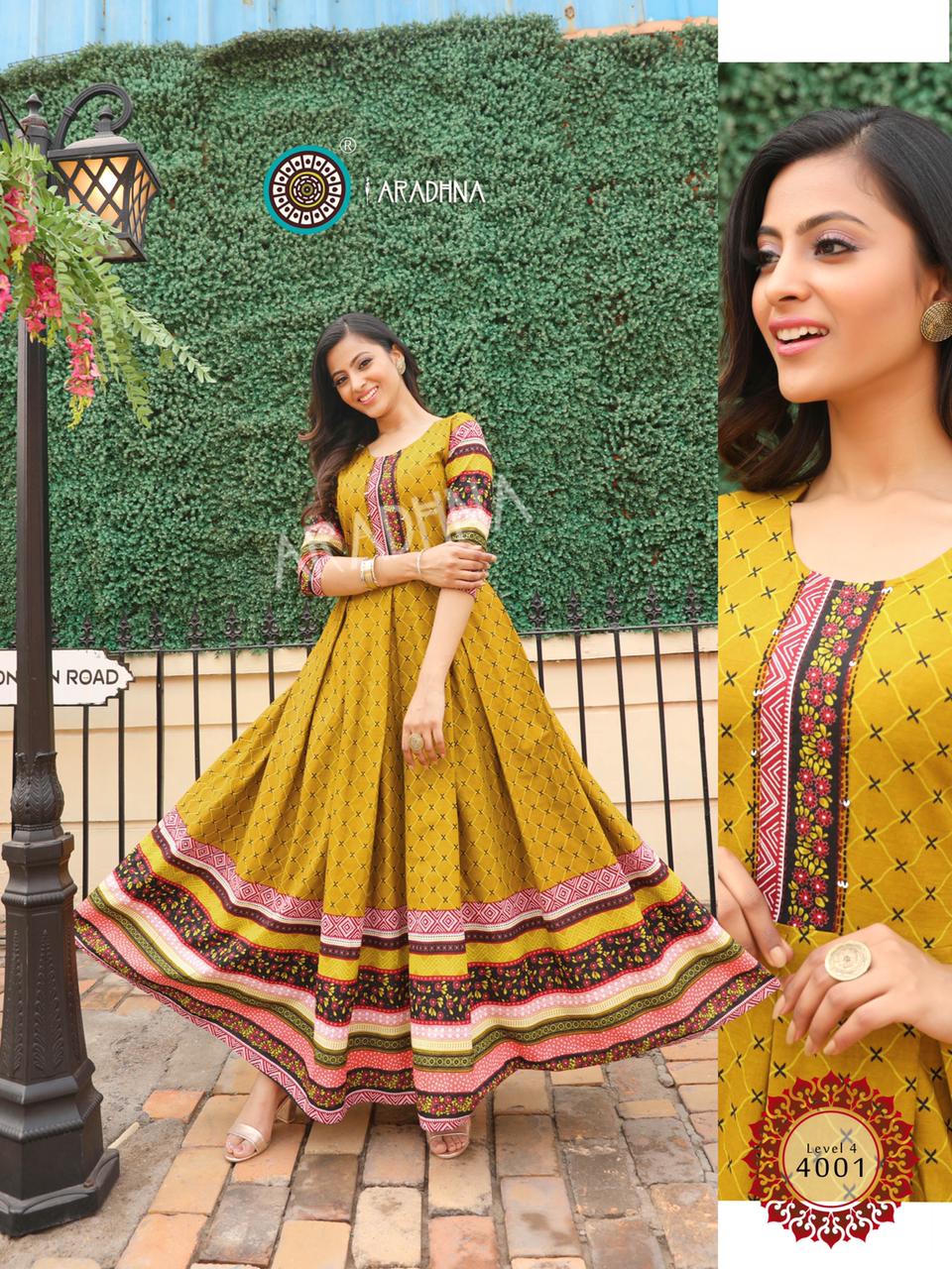 Aradhana Level 4 Latest Fancy  Printed Style Long Casual Wear Anarakali  Flair Pure Cotton Designer Kurti  Collection 

